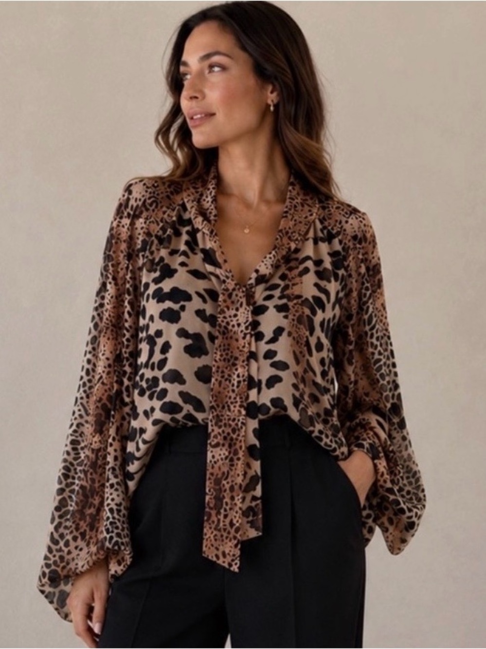 NWOT Phanuel Mixed Animal Print Tie-Neck Wrap Blouse - Size Large